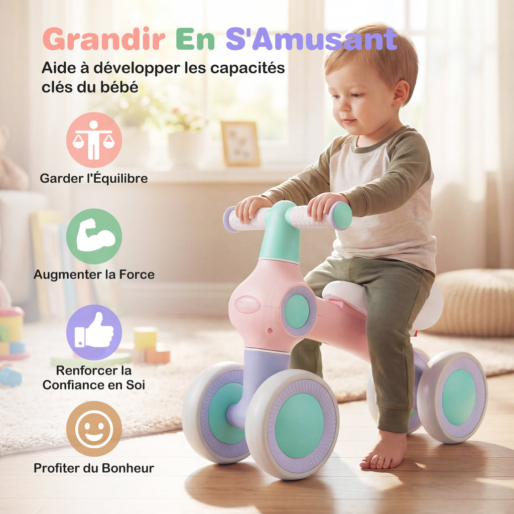 Draisienne pour bébé, siège rembourré réglable, 4 roues silencieuses, sans pédales, rose