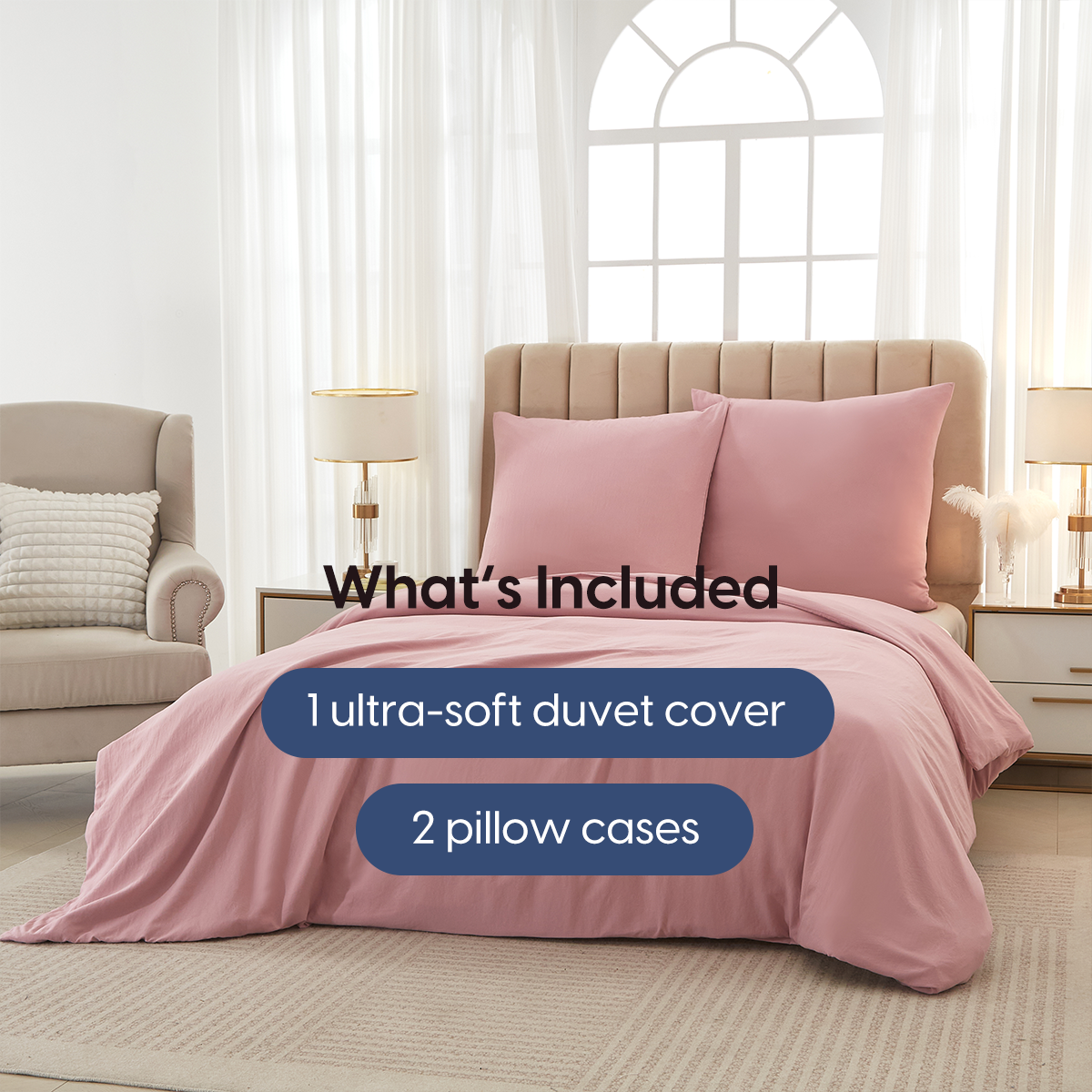 Meeallhome Parure housse de couette lavée brossée 155 x 220 cm/80 x 80 cm x 2, Beige rosé