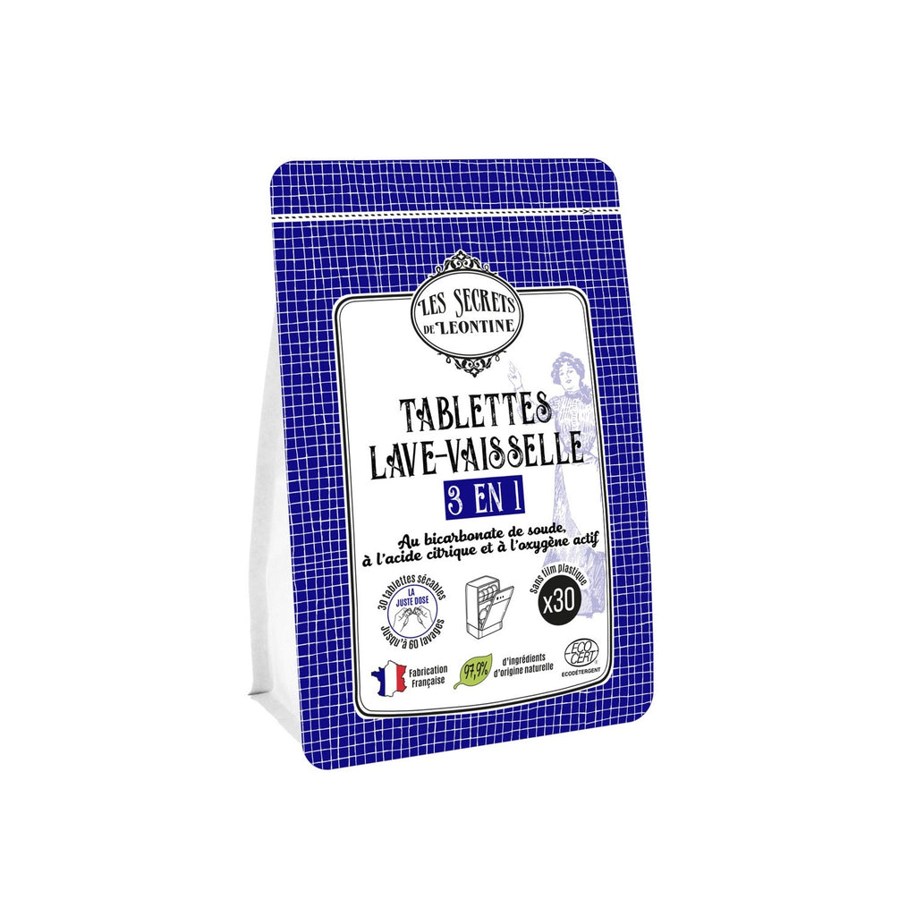 LES SECRETS DE LEONTINE Tablettes Lave-Vaisselle 3 en 1, Bicarbonate de Soude, Acide Citrique & Oxygène Actif, Sans Parfum, 30 Lavages, 30 Tablettes