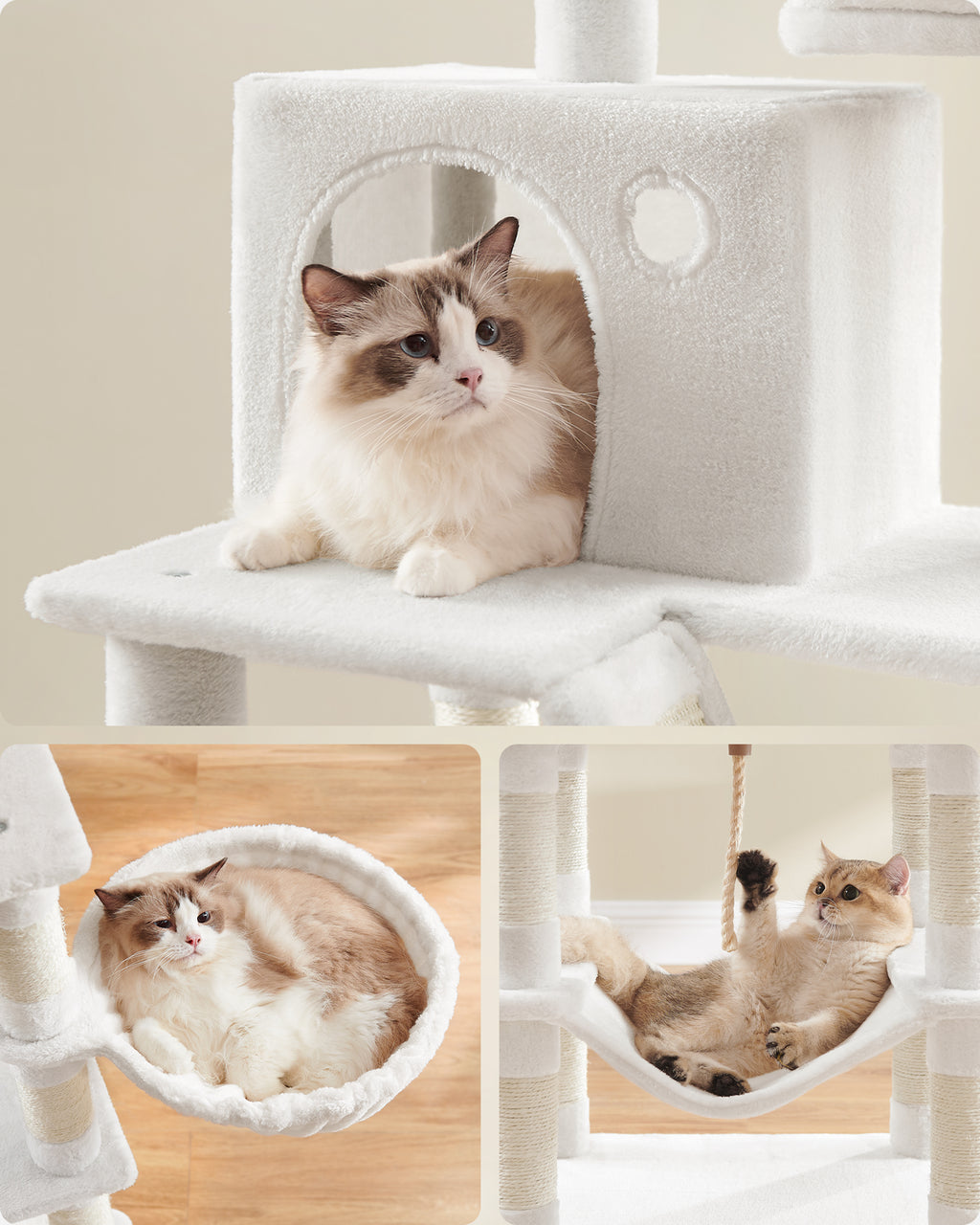 JOYFURNOS Arbre à chat, grande tour pour chat de 168 cm avec 13 poteaux à griffer, 1 rampe à griffer, 2 perchoirs, 2 niches, panier, hamac, pompons, blanc crème