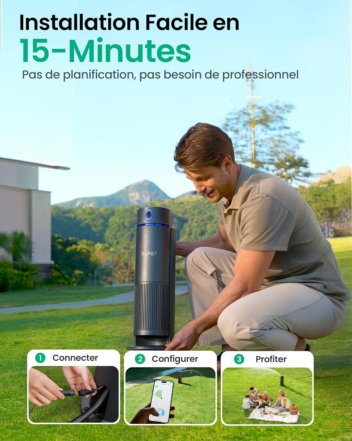 Aiper IrriSense 2 Système d’irrigation intelligent, arrosage multi-zones avec contrôle par application, programmation intelligente et capteur de pluie pour pelouses jusqu’à 440 m²