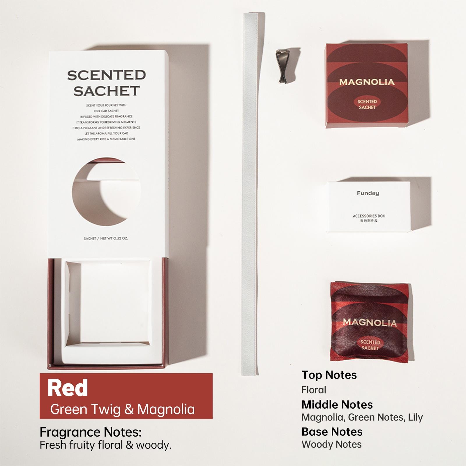 Zooly Ensemble de sachets parfumés pour voiture Branche verte de magnolia (Rouge) 12 g 1 ensemble
