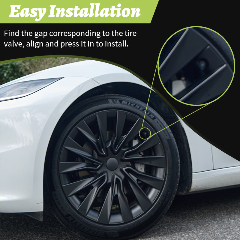 MOTENIO 4 pièces Enjoliveurs de roue premium pour Tesla Model 3 Highland (2023-2026) 18 po Enjoliveurs durables Noir mat Style turbine Couverture intégrale Protections de roue