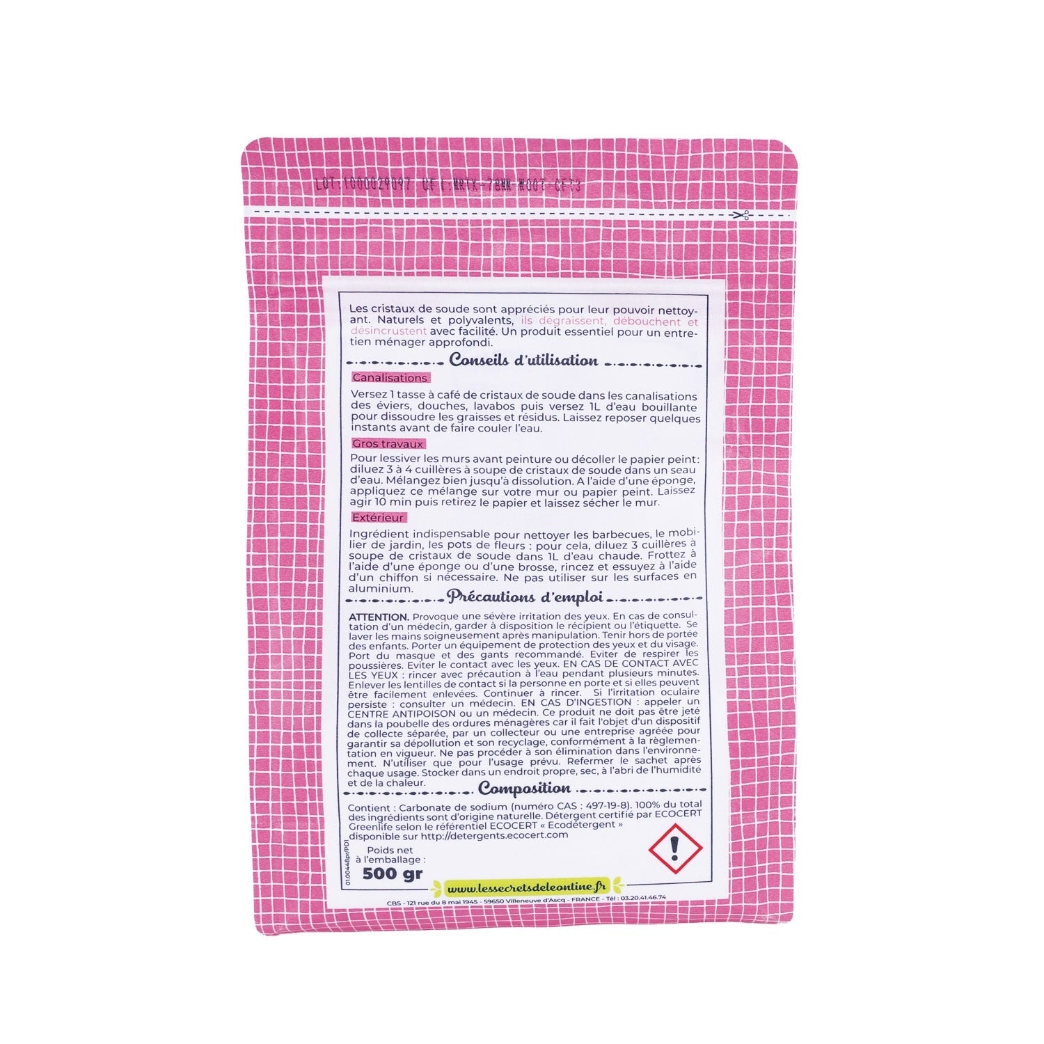 LES SECRETS DE LEONTINE Cristaux de soude poudre nettoyante Ecocert dégraissante 500 g