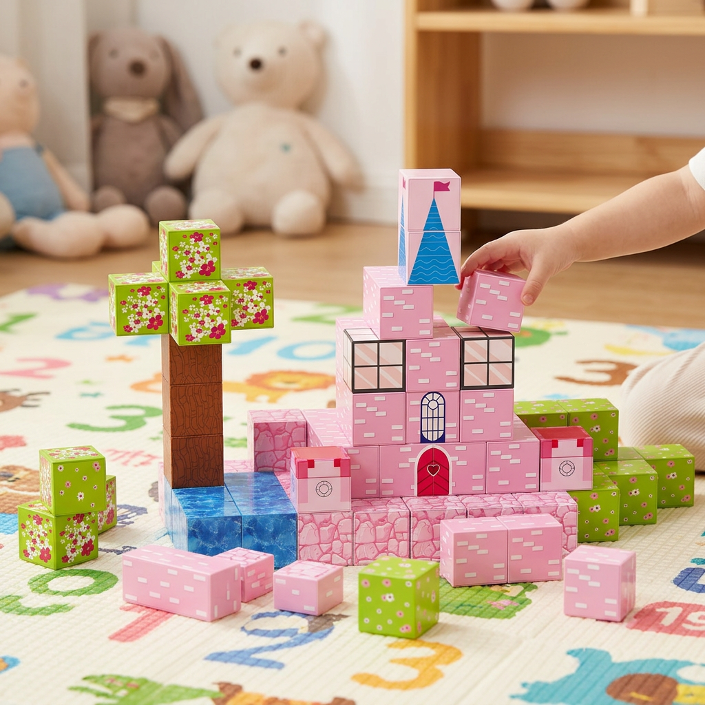 XINQIYUAN Jouet éducatif ensemble de blocs de construction magnétiques Monde château rose 2,5 cm 78 pièces [Mélange aléatoire – Couleurs de l’image principale uniquement]