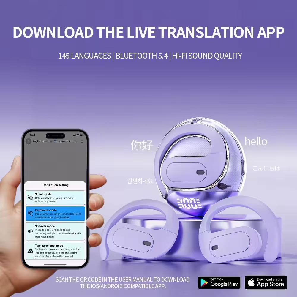 VoxorAI M112 Écouteurs Noir Écouteurs de sport Écouteurs de traduction IA Bluetooth Prise en charge traduction en temps réel 150 langues Adaptés aux études voyages et affaires