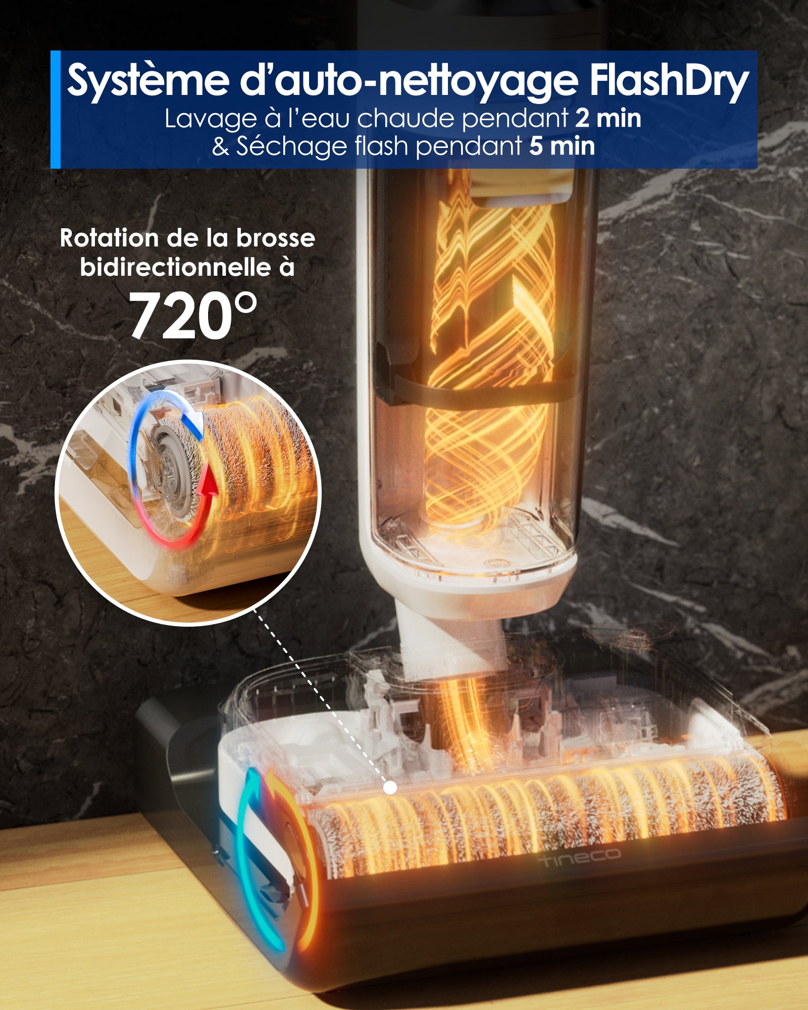 Tineco Floor One Stretch S6 Aspirateur eau et poussière Conception à plat 180° Accès bas 13 cm Autonettoyage FlashDry 70 °C Autonomie 40 min