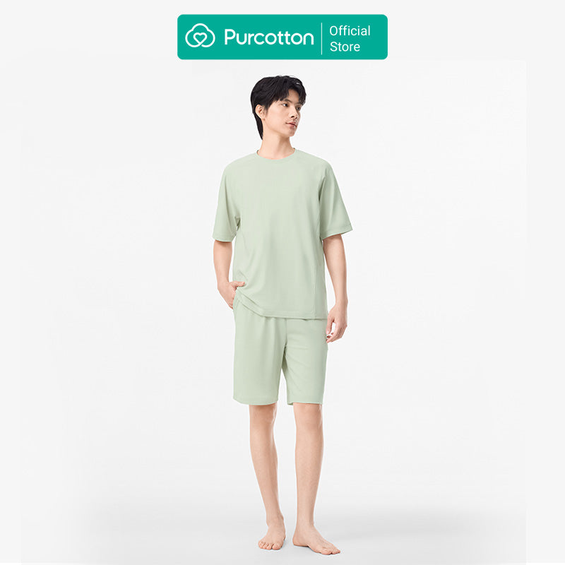 Purcotton Ensemble de shorts de survêtement en tricot antibactérien pour homme - Antibactérien et respirant - Extensible et confortable - Loisirs à la maison - Gris