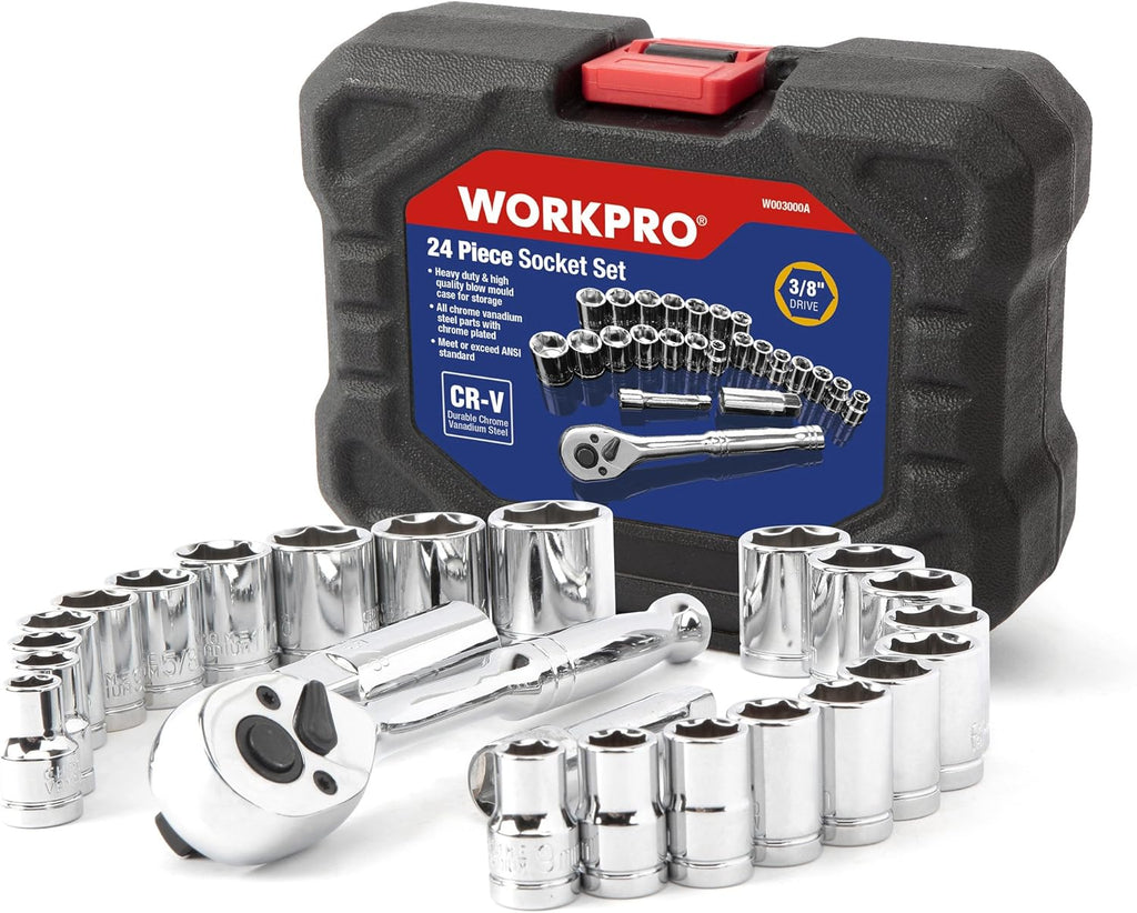 WORKPRO Jeu de douilles 24 pièces avec clé à cliquet 3/8", 11 douilles métriques et 10 douilles SAE, barre d'extension, jeu de clés à cliquet pour bougies d'allumage, clés mixtes