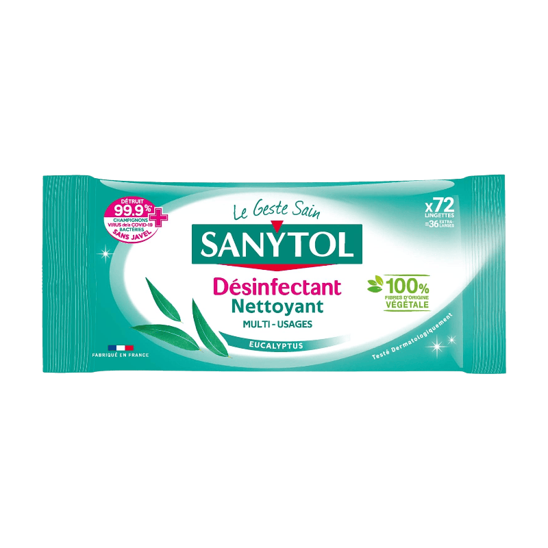 Sanytol Lingettes Nettoyantes Désinfectantes Multiusages sans Javel Eucalyptus (Paquet de 72)