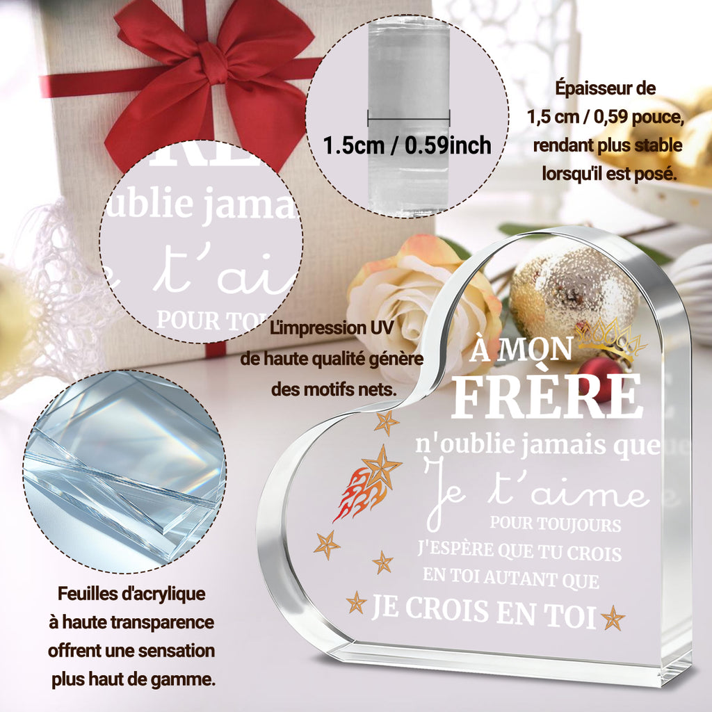 Alphynix 1 pc plaque en cristal cœur, "MON FRÈRE" cadeau français avec motif couronne et étoiles, Souvenir frère émouvant avec message "Je t'aime pour toujours", Cadeau d'encouragement pour frère
