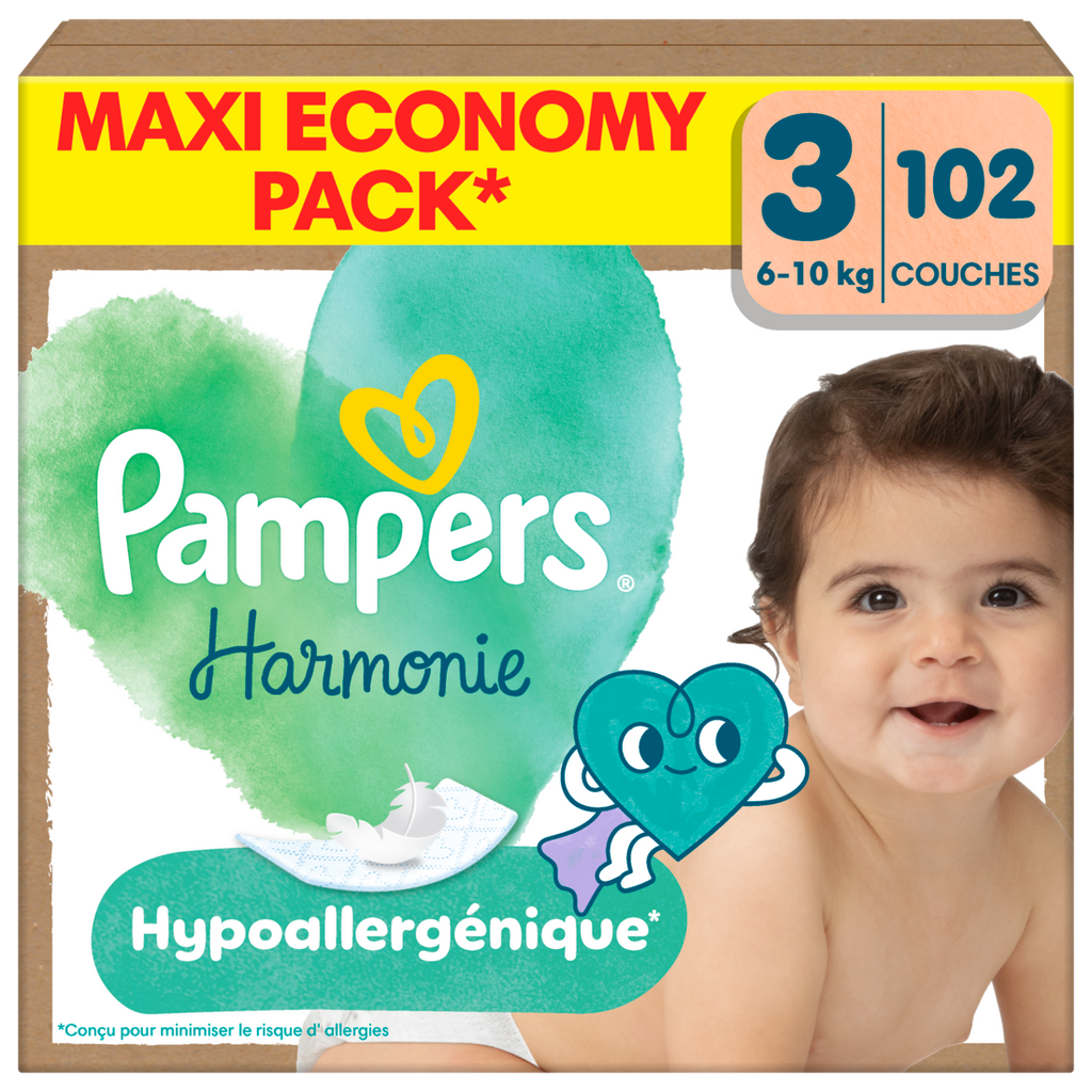 Pampers Harmonie Couches Édition Limitée, Taille 3, 102 Couches, 6-10kg, Conçues Pour Les Peaux Les Plus Sensibles, Maxi Economy Pack