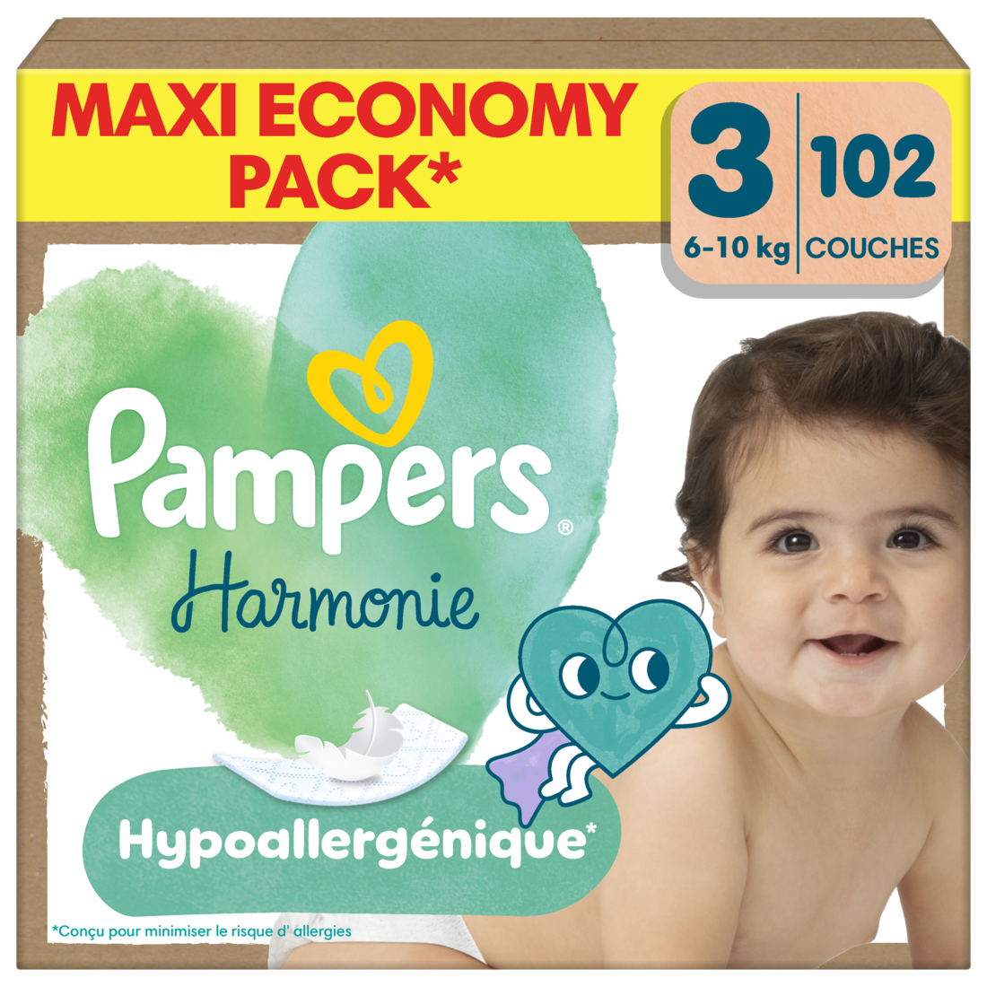 Pampers Harmonie Couches Édition Limitée, Taille 3, 102 Couches, 6-10kg, Conçues Pour Les Peaux Les Plus Sensibles, Maxi Economy Pack