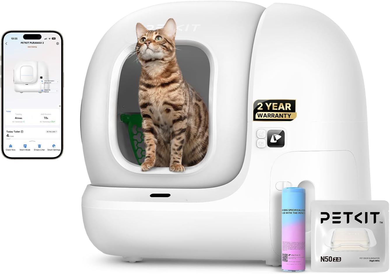 PETKIT Pura Max 2 Bac à litière automatique, 76 L, xSecure, Adapté aux foyers avec plusieurs chats (Désodorisant et tapis de litière offerts, N50 inclus, 2 sacs à déchets inclus)