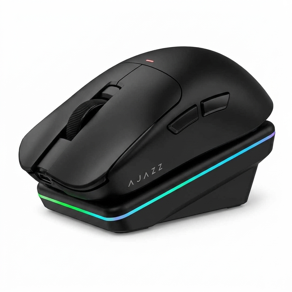 AJAZZ AJ200 AI MC Souris Gaming sans Fil avec Station de Charge, Assistant IA, Capteur PAW3311 24000 DPI, Tri-Mode BT/2,4G/USB-C, 63 g Légère Ergonomique pour PC Gaming Bureau