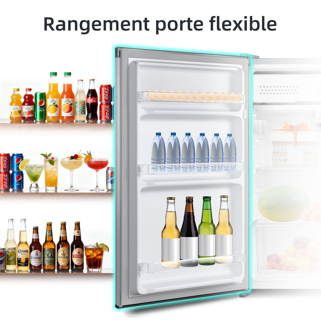CHiQ JR99DWE Réfrigérateur 92 L avec compartiment congélateur, design compact de 0,22 m², silencieux, classe énergétique E - Argent