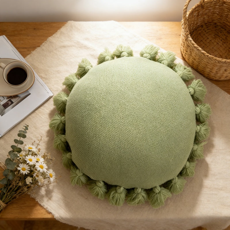 MEROPE, Coussin rond à franges en acrylique, 45x45 cm, vert, 1 pack