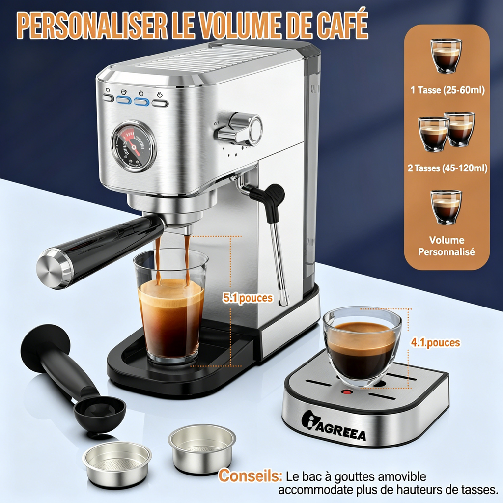 IAGREEA Machine à expresso professionnelle 20 bars avec manomètre, buse vapeur et plateau chauffe-tasses, machine à café à simple/double dose, réservoir d'eau amovible de 1,1 L