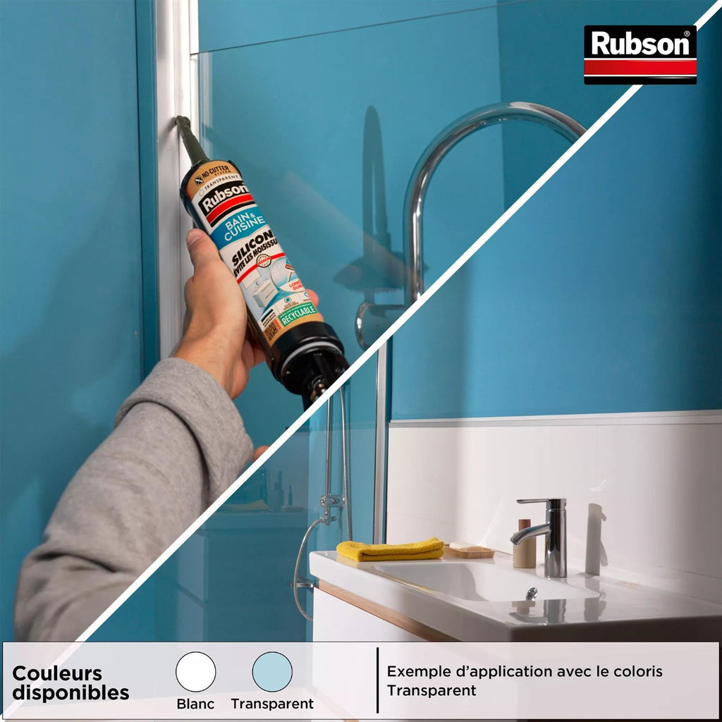 Rubson – Mastic Bain & Cuisine Pure Silicone Anti-Moisissures Blanc (lot de 2 cartouches 280 ml), mastic sanitaire à base de silicone, étanche renforcé en antifongique