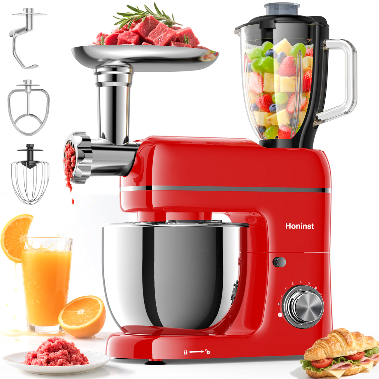 HONINST Robot pâtissier multifonction 7-en-1, 6,5 qt, 8 vitesses, tête inclinable, mixeur alimentaire électrique avec hachoir à viande, mixeur à jus, crochet pétrisseur, batteur