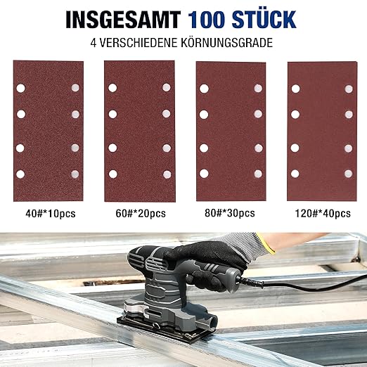 WORKPRO Jeu de 100 feuilles abrasives auto-agrippantes, grain 40/60/80/120, 8 trous, pour ponceuses multifonction et excentrique, bois, métal et peinture