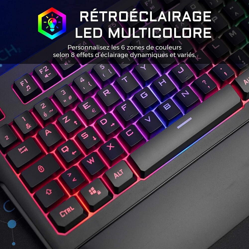 THE G-LAB Keyz Palladium Clavier Gaming Membrane Filaire RGB Taille Complète - AZERTY - Noir