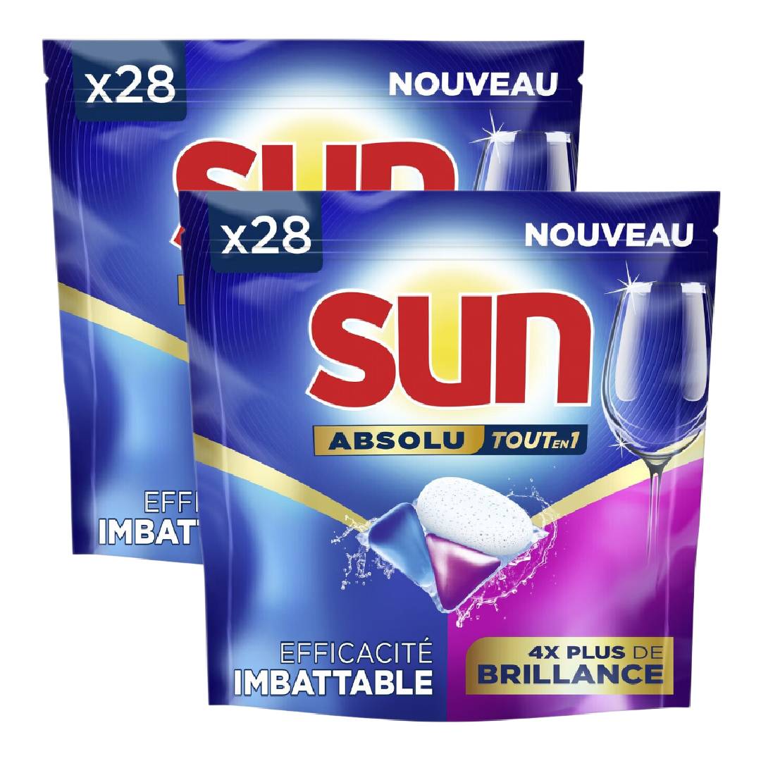 Sun Brilliance Tout-en-1 Absolute Capsules Lave-Vaisselle Extra Brillance 2 x 28 Capsules (= 56 Capsules)