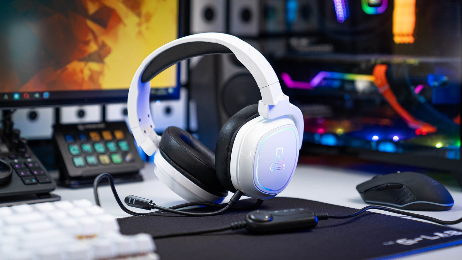 THE G-LAB Korp Radium Casque de jeu circum-aural filaire avec microphone détachable, prise jack 3,5 mm, éclairage RVB, Blanc