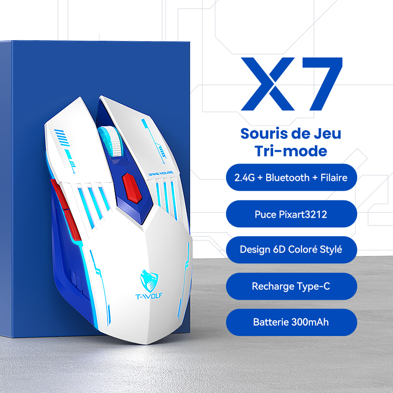 Rexsun Souris de jeu tri-mode Boutons 6D 2,4 GHz + Bluetooth + Filaire DPI réglable 800–3600 Recharge Type-C Éclairage RVB à effet respiration Batterie 300 mAh Blanc et bleu X7