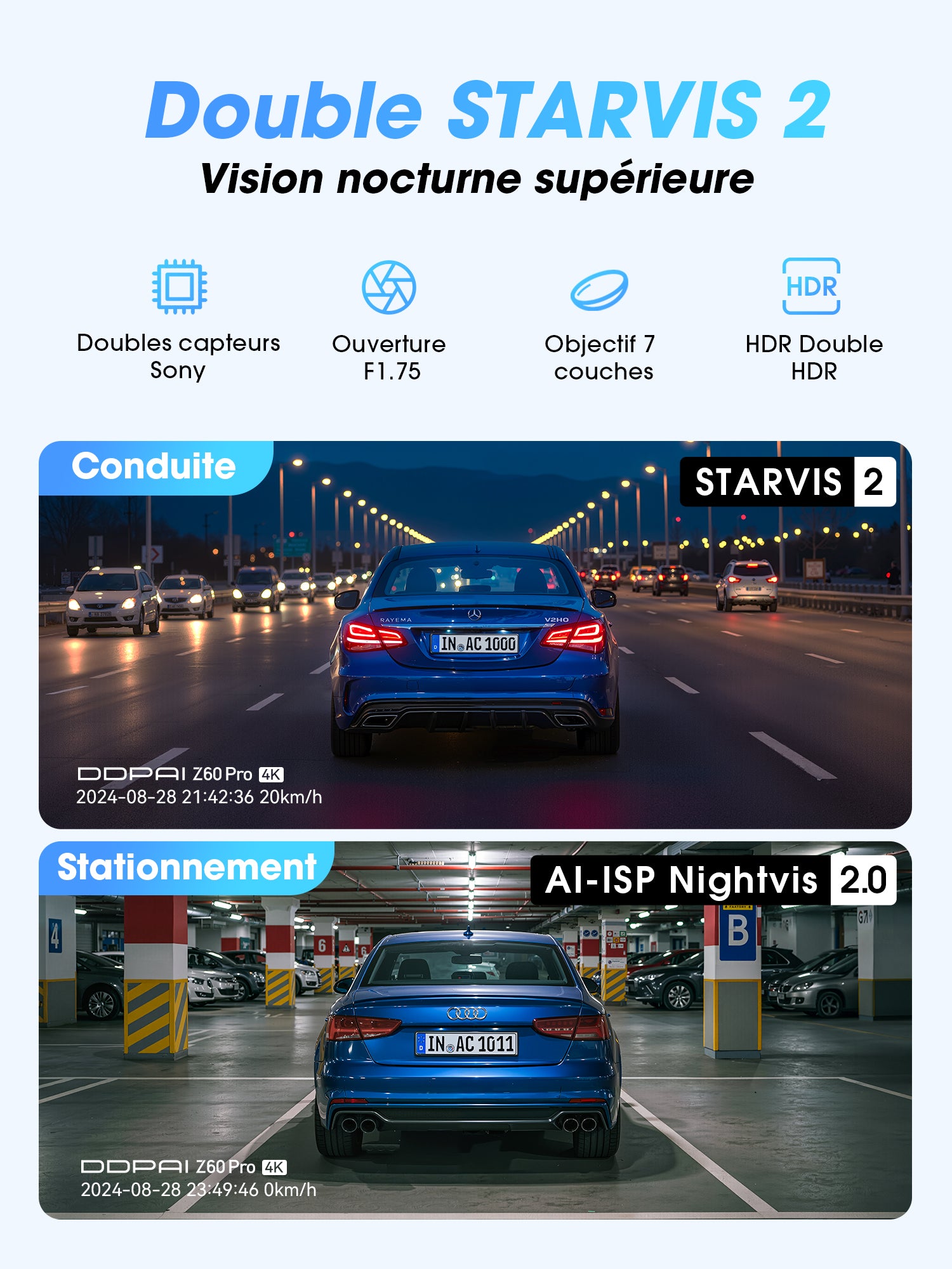 DDPAI Z60 Pro Dashcam 4K 3 Pouces DVR Voiture Double Caméra Avant et Arrière STARVIS 2 IMX678 et IMX622 60 FPS HDR AI-ISP Vision Nocturne WiFi 5 GHz GPS Support Mode Stationnement 24 H - 3 Canaux
