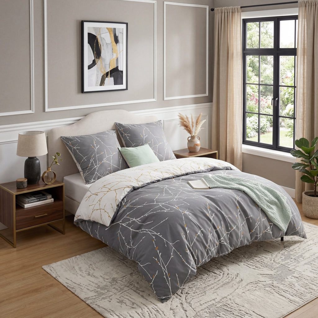 Ensemble avec housse de couette en microfibre et taie d’oreiller de 80 x 80 cm - Design chic et élégant, Microfibre, gris/beige, 200x200cm, 90% Polyester