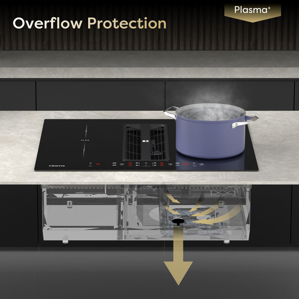 CIARRA ONE Plaque à induction 59 cm avec hotte aspirante intégrée et purification de l'air Plasma⁺, 4 zones de cuisson Boost Flex