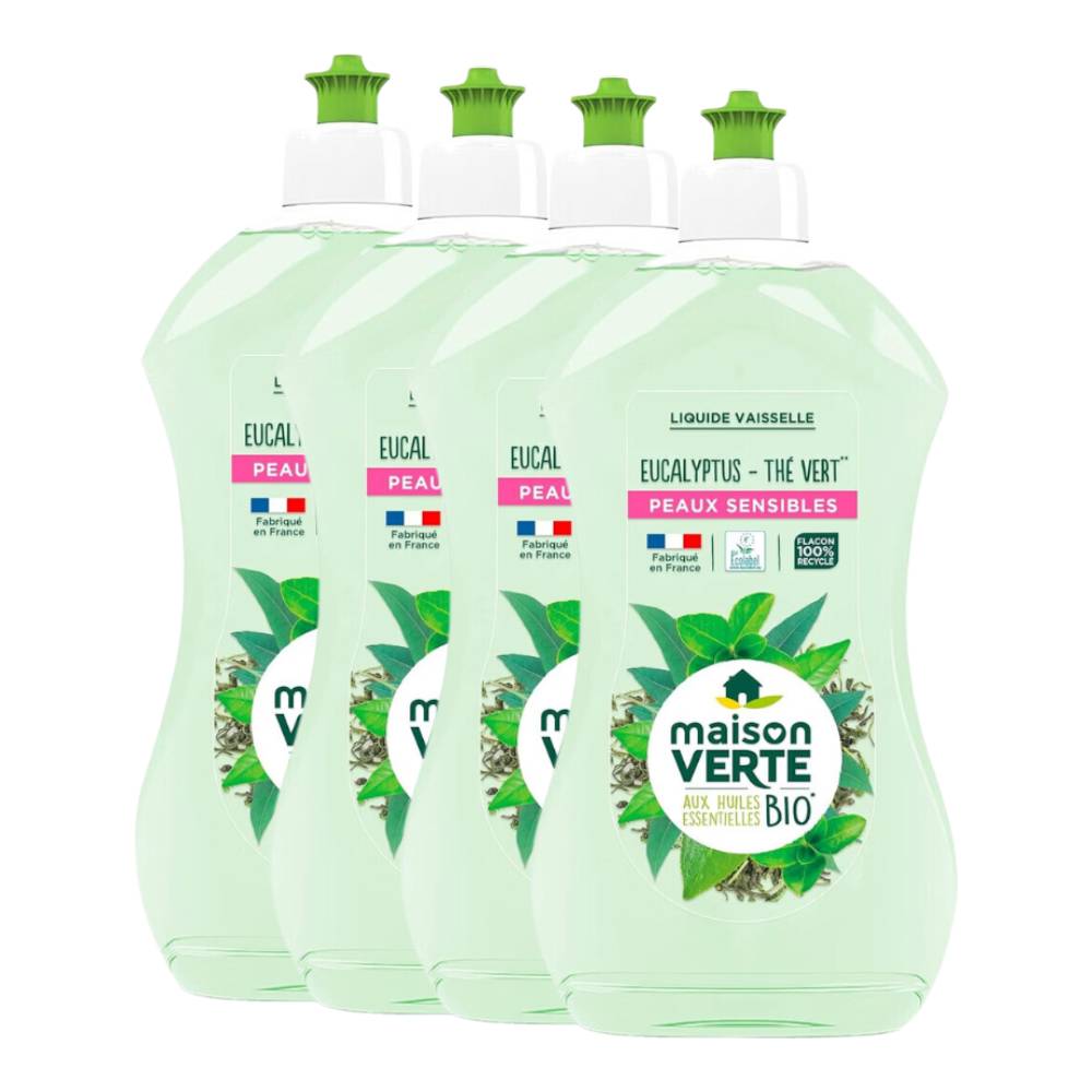 Maison Verte Liquide Vaisselle, Eucalyptus & Thé Vert, Huiles Essentielles Biologiques, 4 x 500 ml (= 2 L)