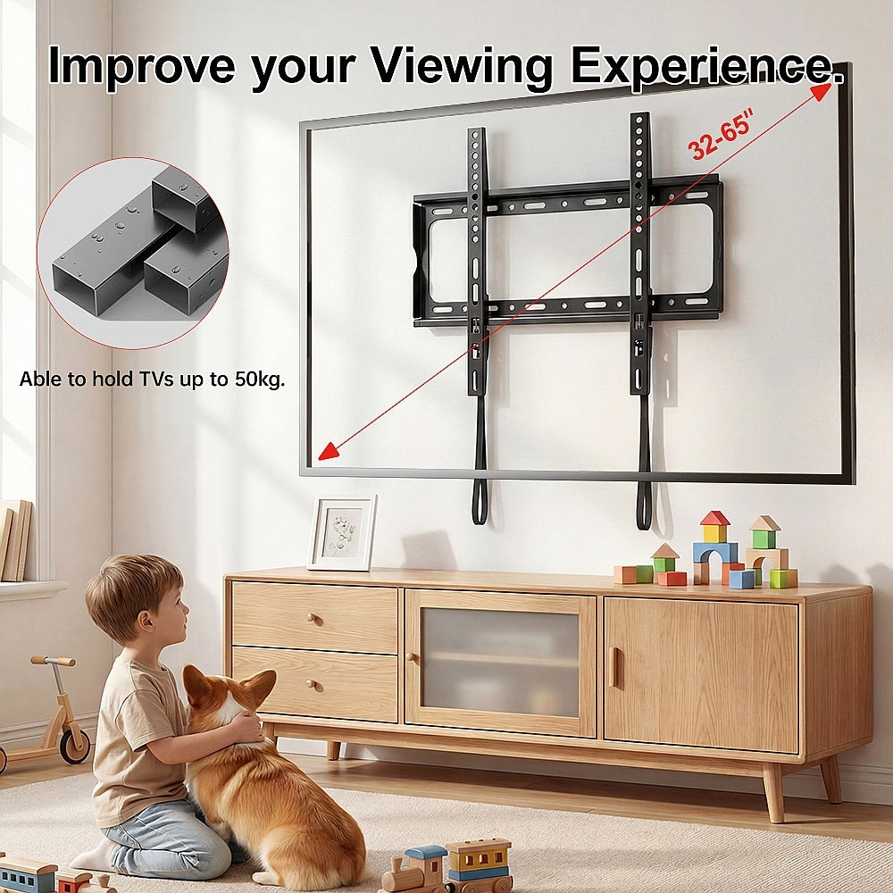 Support mural fixe pour téléviseurs 32-55 pouces, Max VESA 400 x 400 mm, Supporte jusqu'à 45 kg, Design peu encombrant, Convient aux murs en béton, brique et bois