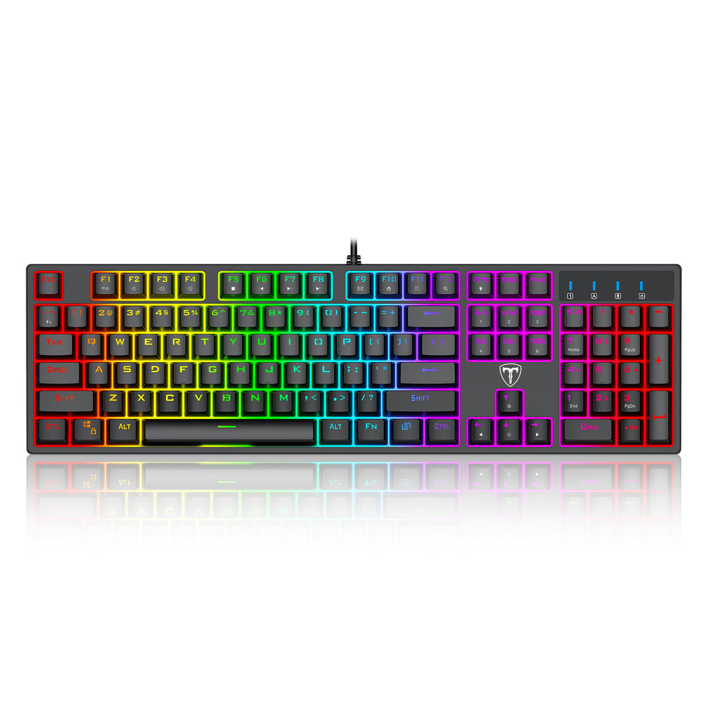 Clavier de jeu mécanique filaire 100 % ET, disposition QWERTY US, clavier filaire USB à interrupteurs bleus, 20 modes d'éclairage RVB, clavier complet à 104 touches