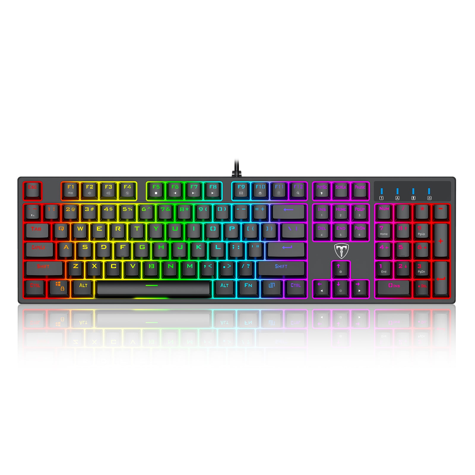 Clavier de jeu mécanique filaire 100 % ET, disposition QWERTY US, clavier filaire USB à interrupteurs bleus, 20 modes d'éclairage RVB, clavier complet à 104 touches