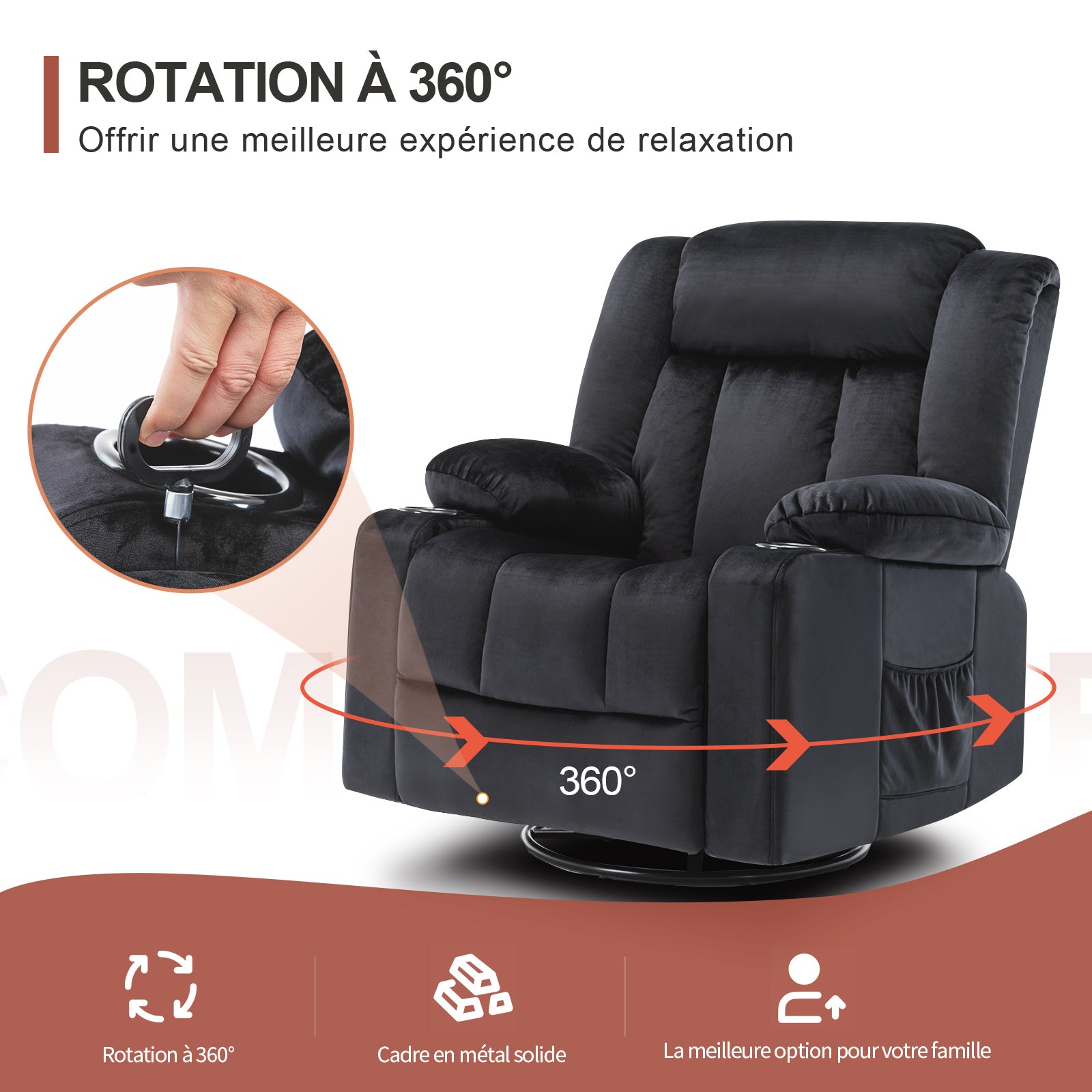 COMHOMA Chaise de relaxation manuelle pivotante pour adultes avec dossier réglable et repose-pieds, chaise longue 361° pour salon, porte-gobelet, poches latérales, tissu doux, ergonomique, noir