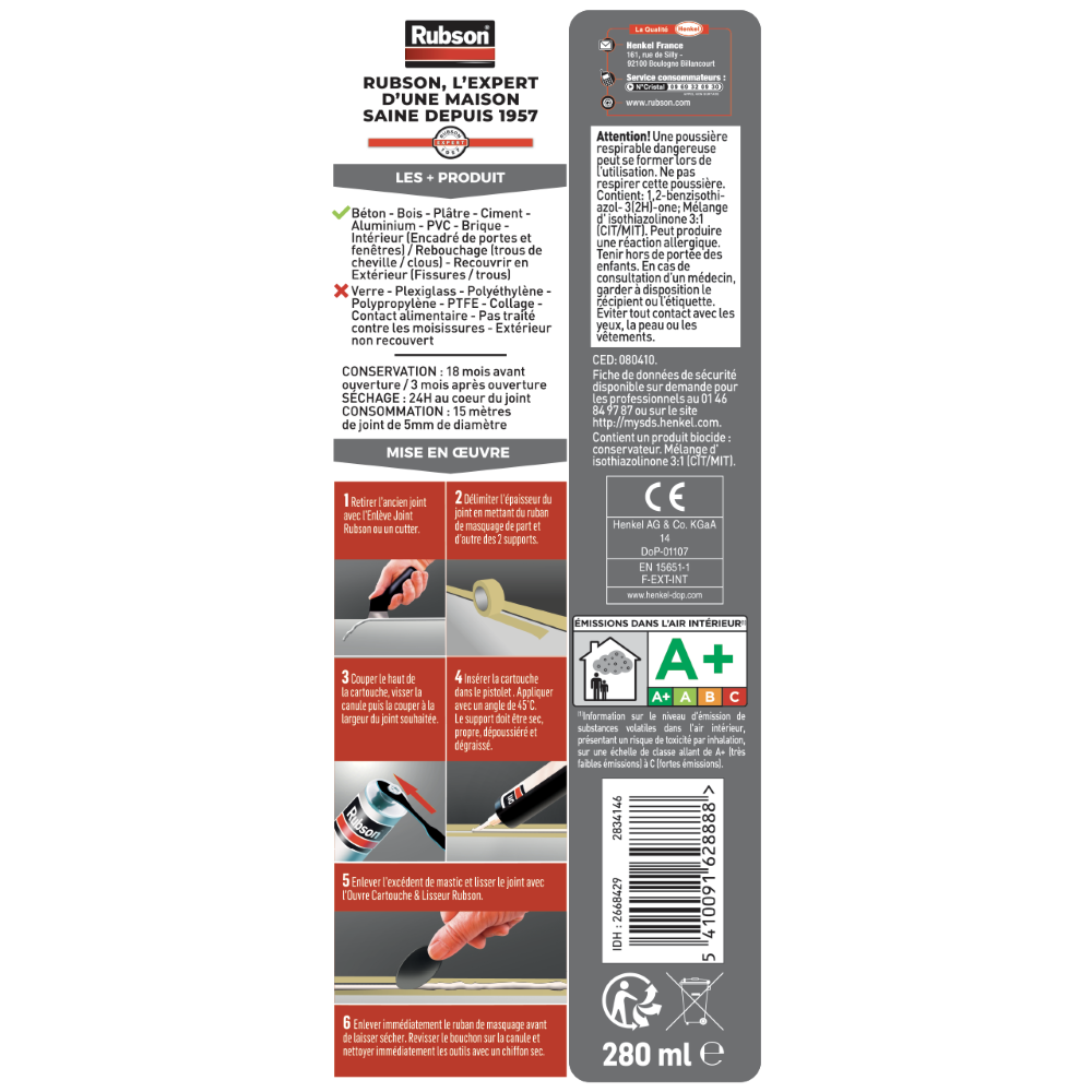 Henkel Rubson | Mastic Maison Acrylique Murs & Fenêtres Banc (cartouche de 280 ml) – Mastic acrylique pour intérieur & extérieur – Comble fissure, joint porte et fenêtre
