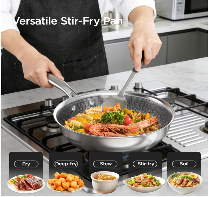 Wok antiadhésif en acier inoxydable à triple couche 30 cm