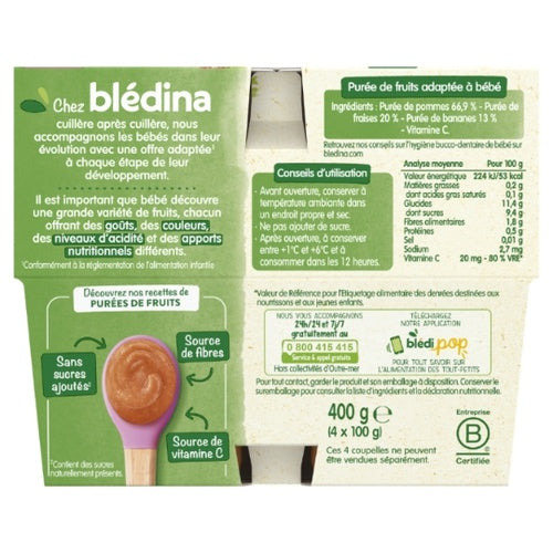 BLEDINA Coupelles fruits pomme fraise banane 6à36mois 4x100g