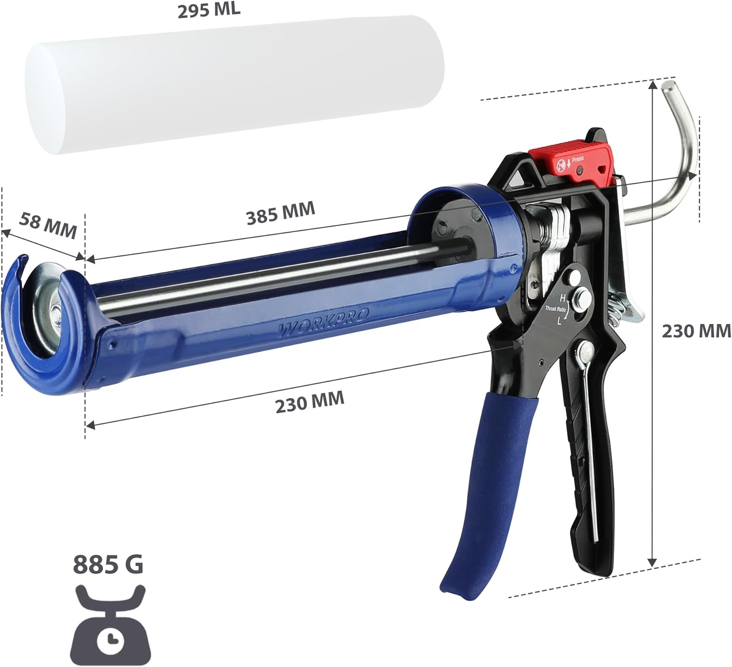 WORKPRO Pistolet à mastic, rapport de course réglable 9:1 et 18:1, pour cartouches de 290 à 310 ml, mastics, silicones et adhésifs