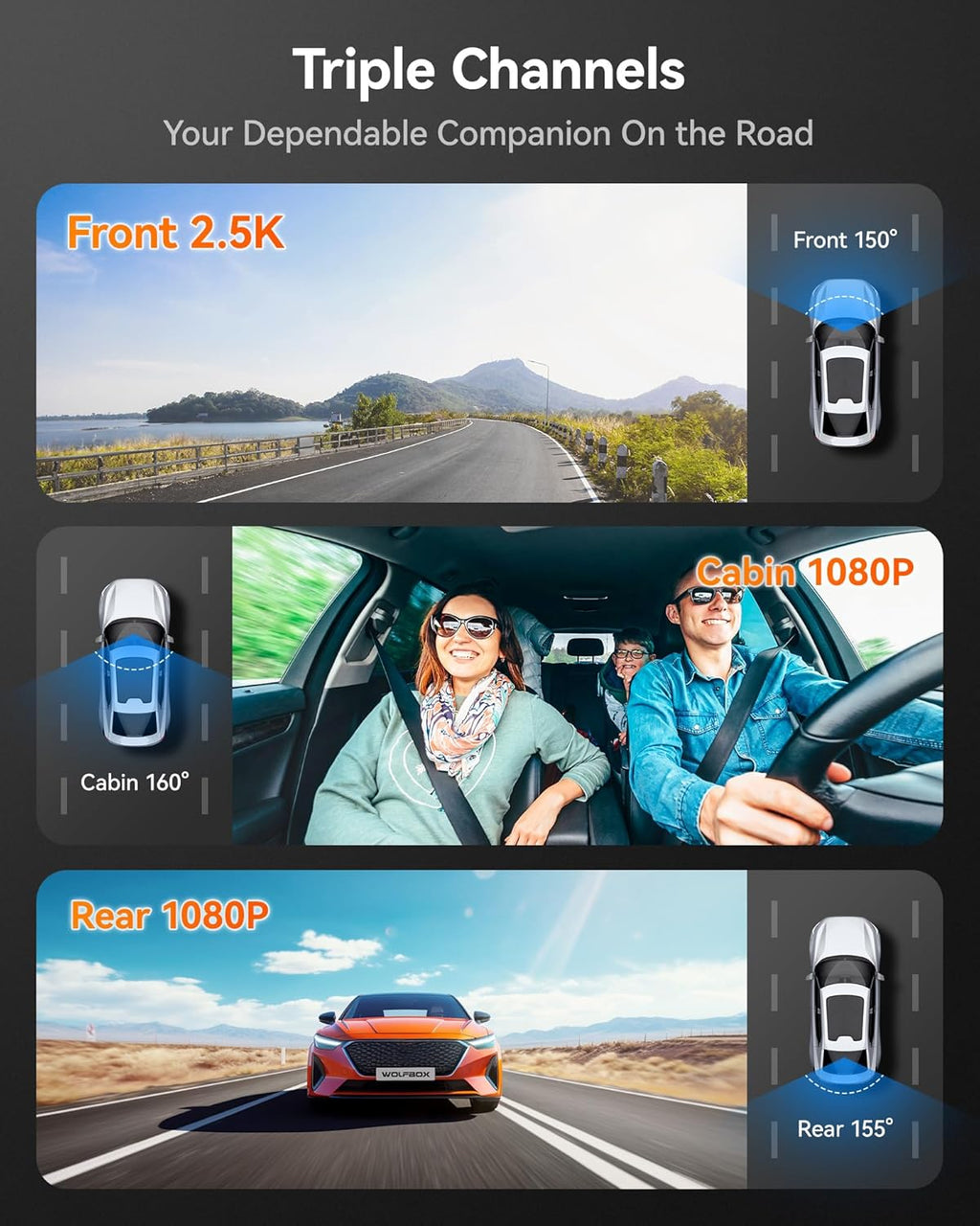 WOLFBOX i07 Caméra embarquée 3 canaux avec Wi-Fi et GPS intégrés, Caméra embarquée 4K avant et intérieure, Triple caméra de voiture 1440p+1080p+1080p avec écran LCD 3 pouces