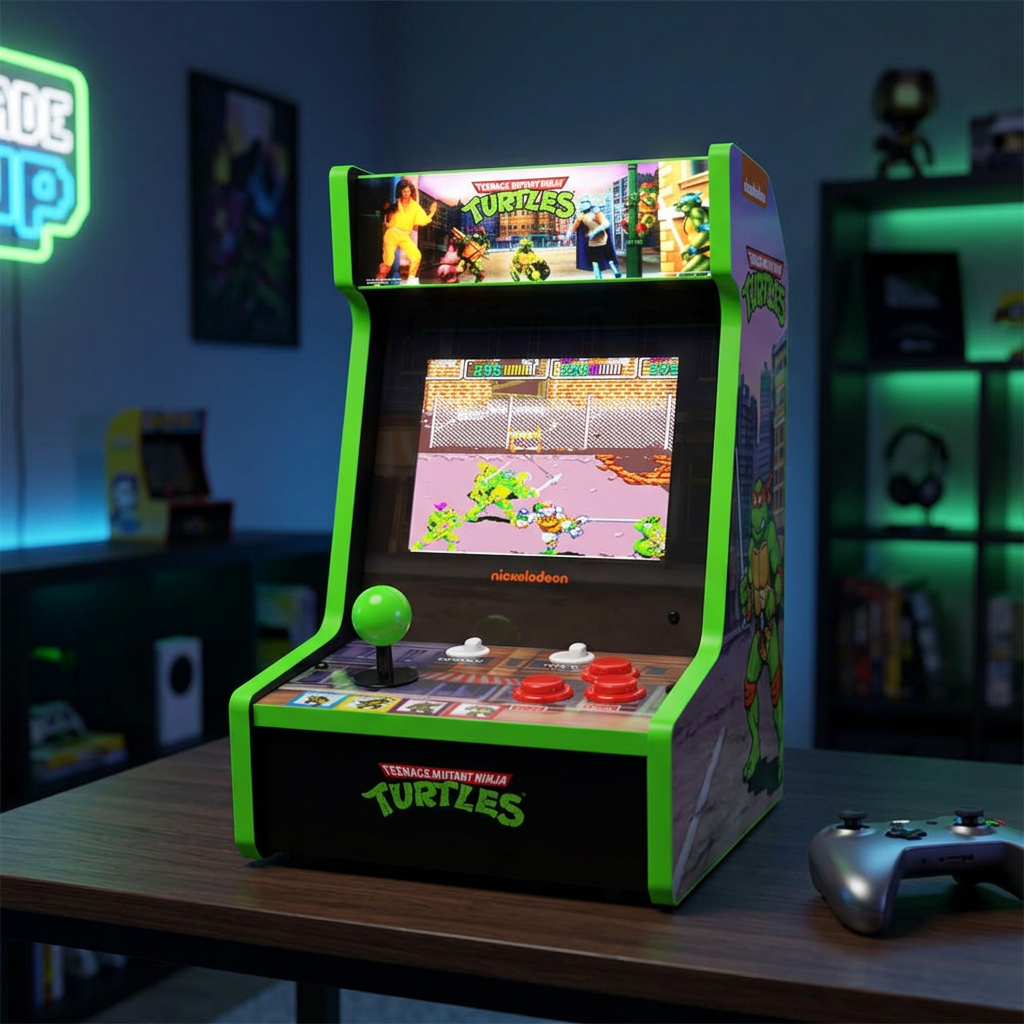 Arcade1Up Ninja Turtles Countercade Console de Table - sous Licence Officielle - Écran LCD 8 Pouces - Double Jeu Intégré - Panneau Lumineux Multicolore