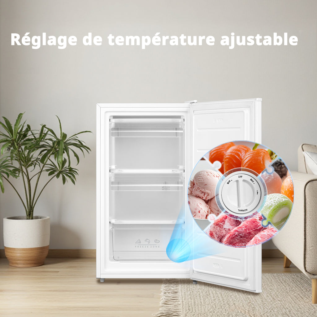 Comfee' RCU60WH2(E) Congélateur vertical avec tiroirs 60 L, 3 x tiroirs de congélation, porte unique, température réglable, porte réversible, silencieux, pose libre, Blanc