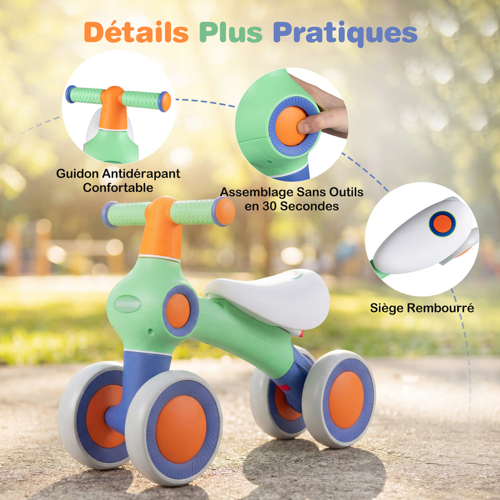 Draisienne pour bébé, siège rembourré réglable, 4 roues silencieuses, sans pédales, vert
