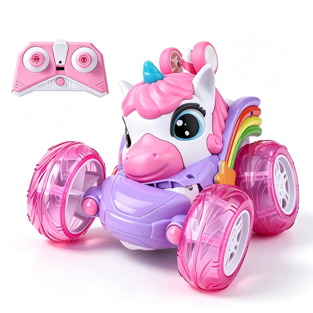 Voiture de Cascade de Licorne Télécommandée pour Enfants, Camion Télécommandé à Rotation de 360 Degrés avec Roues Lumineuses, Cadeau de Voiture Jouet Rechargeable Thème Licorne Rose Violet Mignon pour Petites Filles Âge 3+