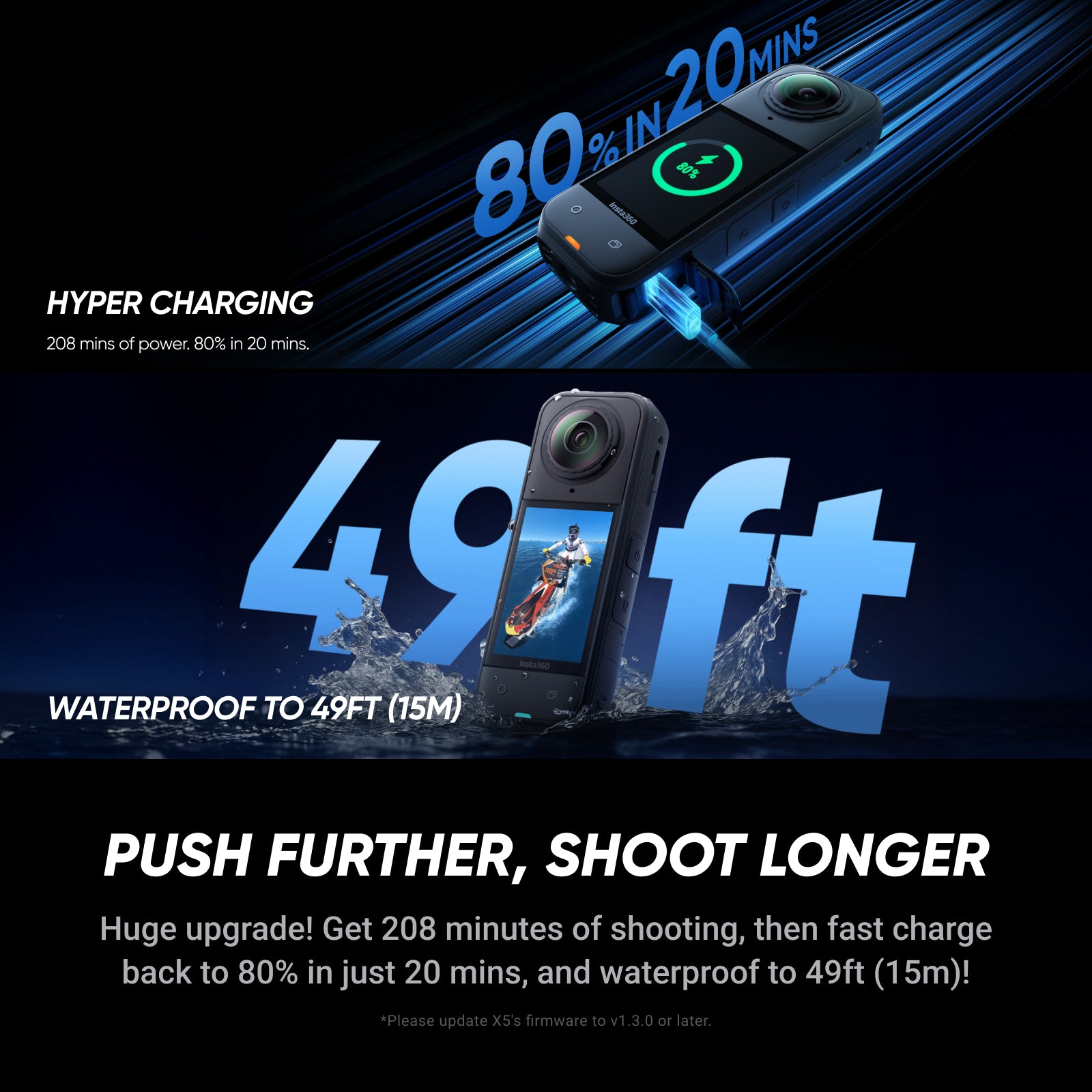 Insta360 X5 - Caméra d'action 360° 8K étanche, excellente performance en basse lumière, effet perche à selfie invisible, objectif remplaçable robuste, autonomie de 3 heures