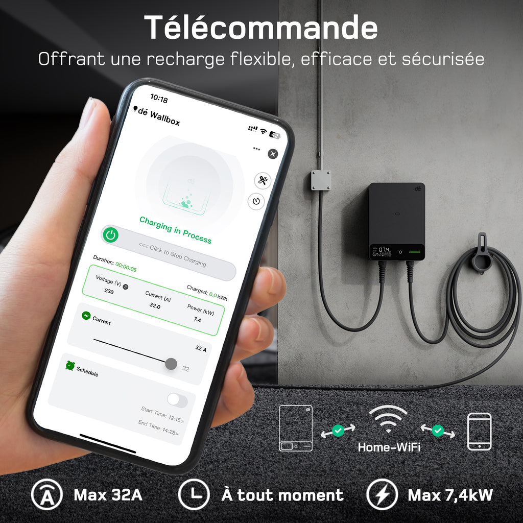 dé Borne de Recharge Véhicule Électrique 7,4 kW avec application et câble Type 2 de 7,5 m, Wallbox 7 kW Type 2 monophasé, IP54, RFID, 6-32 A (230 V), Démarrage différé 0,5-8 h
