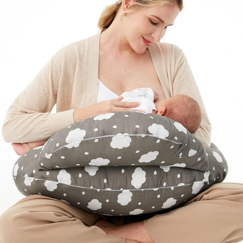Momcozy Coussin d'allaitement en forme de U en coton tissé (100 % coton) NP001 (Nuage/Forêt animale/Nuage gris/Pluie de météores)