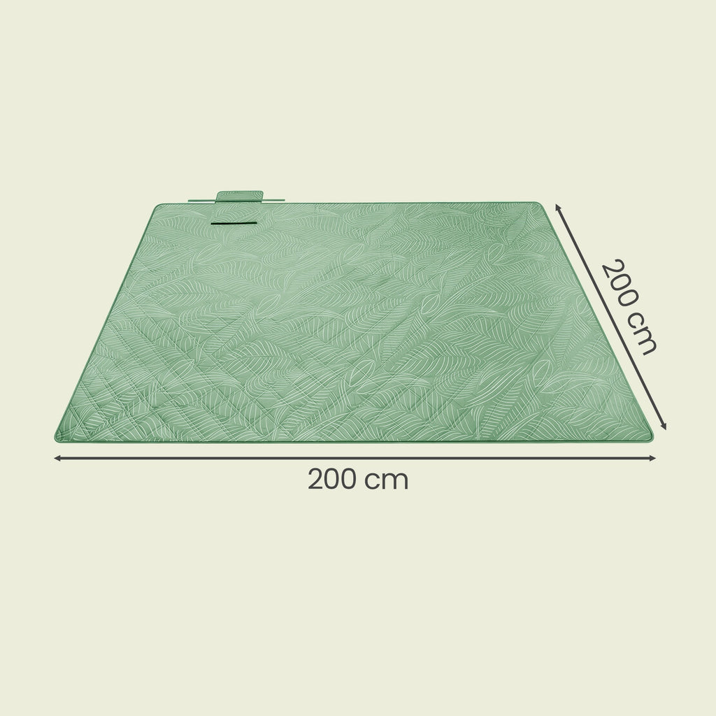 JOYFURNOS Couverture de Pique-nique, 200 x 200 cm, 4 Piquets de Sol, Hydrofuge, Lavable, Pliable, Motif Feuilles et Vert